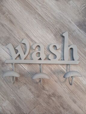 "WASH" Farmhouse Wood & Metal Wall Hook Rack - Laundry/Bathroom Decor